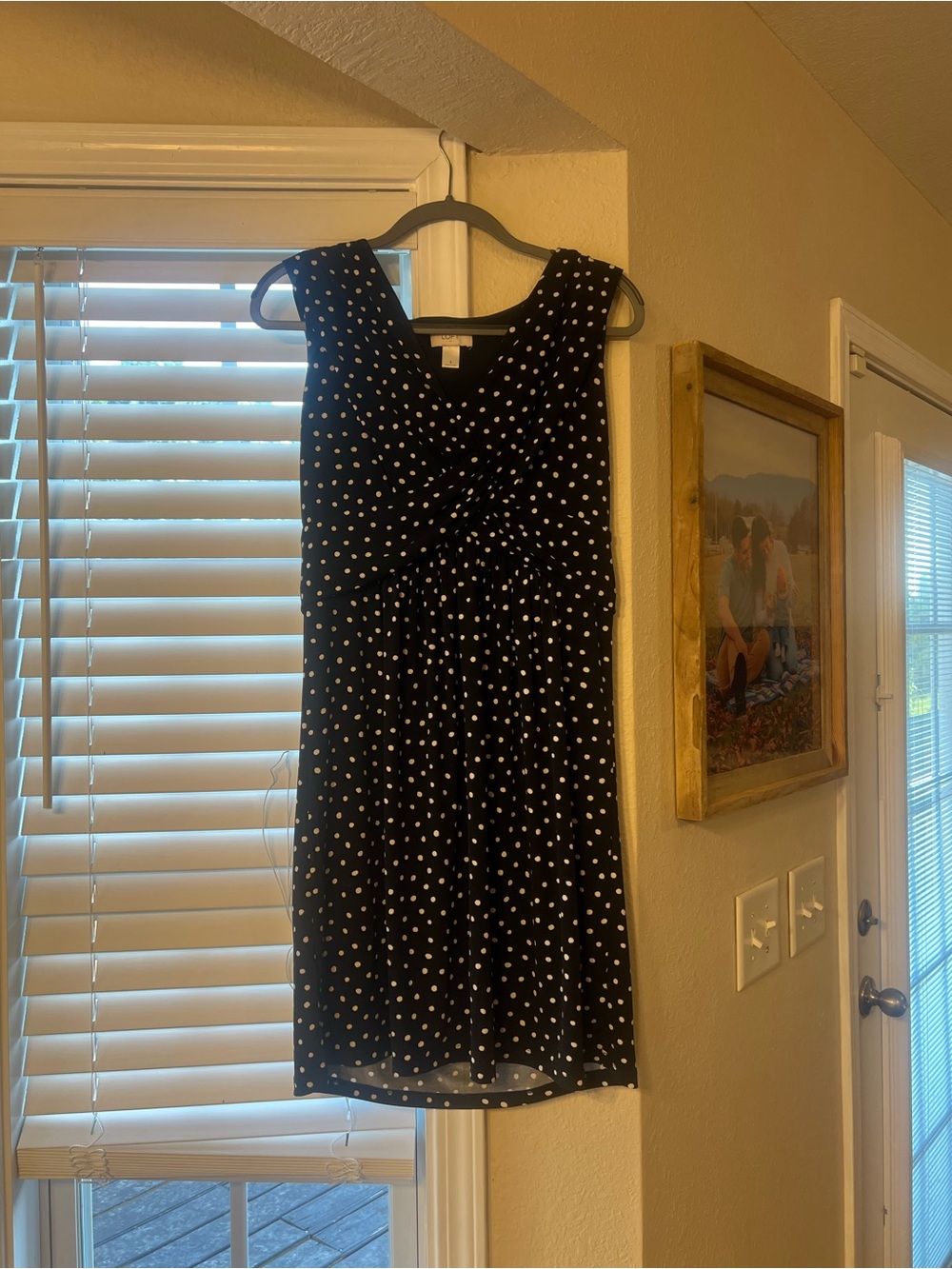 LOFT Black Dress with White Polka Dots and Twist Front